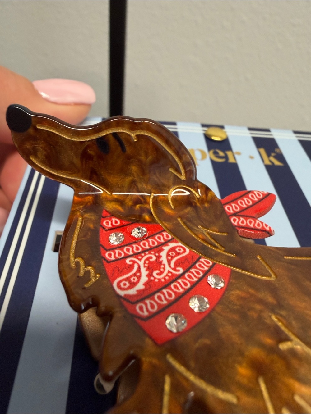 Piper K | Dachshund Hair Clip w/ Red Bandana & Rhinestone Accents 🤎 - Picture 2 of 6